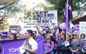 The nurses rally in Wellington on 9 June 2021.