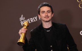 French-US actor Timothée Chalamet poses in the press room with the Best Actor in a Motion Picture – Musical or Comedy for "Marty Supreme" during the 83rd annual Golden Globe Awards at the Beverly Hilton hotel in Beverly Hills, California, on January 11, 2026.
