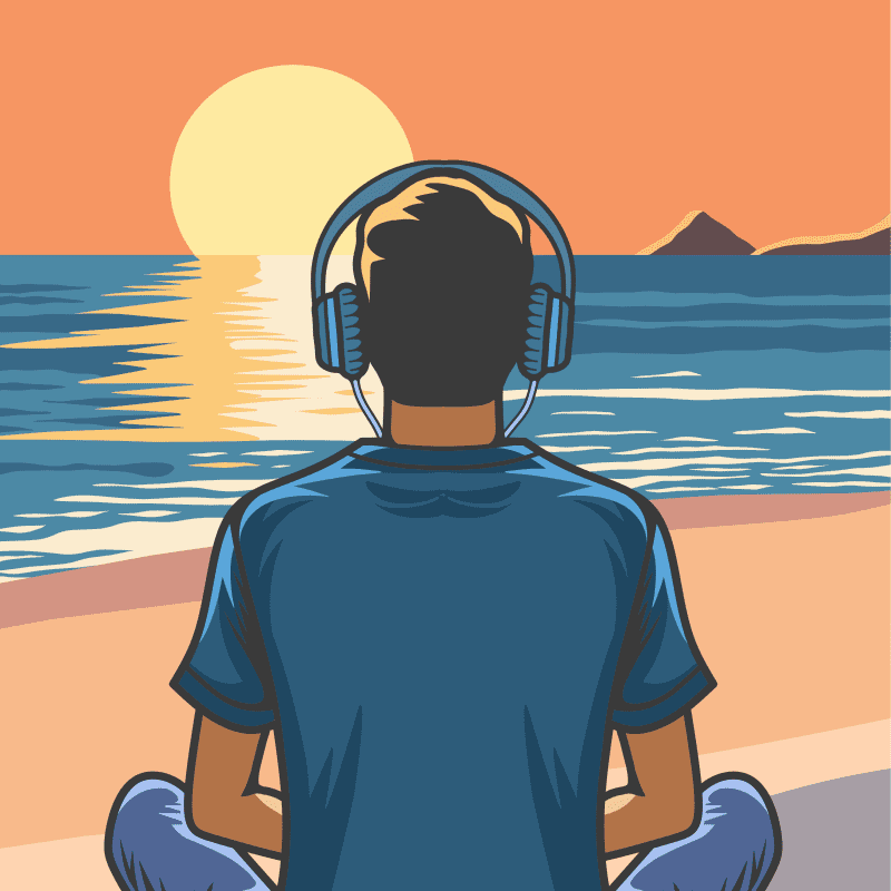 An illustration of someone sitting cross legged on a beach wearing headphones listening to music.