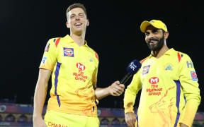 Mitchell Santner has some post match fun with Chennai Super Kings team-mate Ravindra Jadeja.