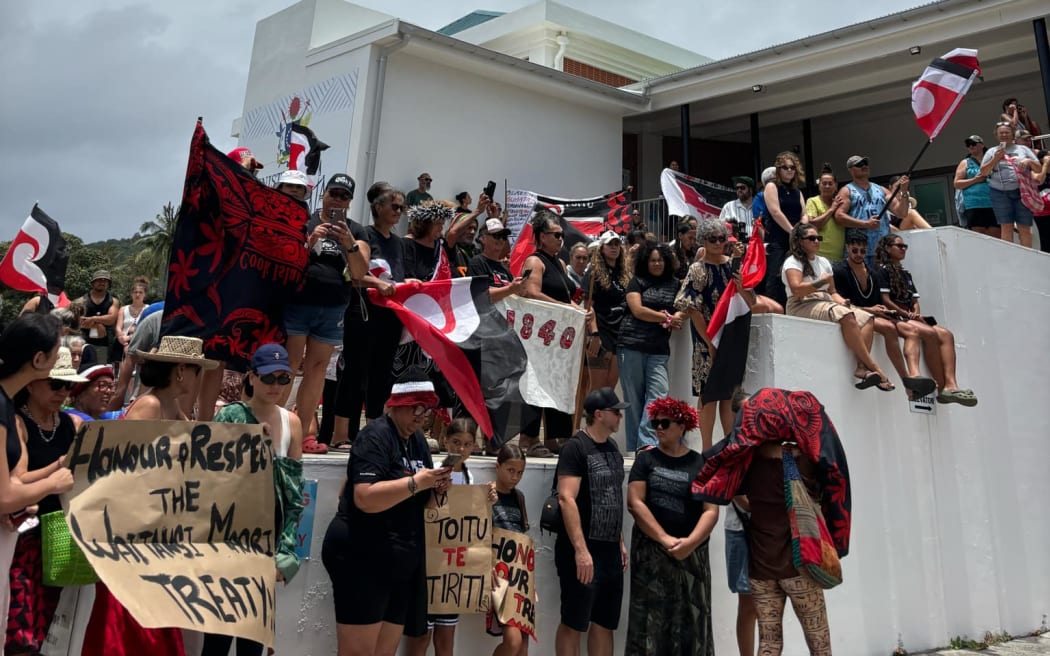 The demonstration in the Cook Islands shows support for Tangata Whenua protesting against the Treaty Principles Bill.