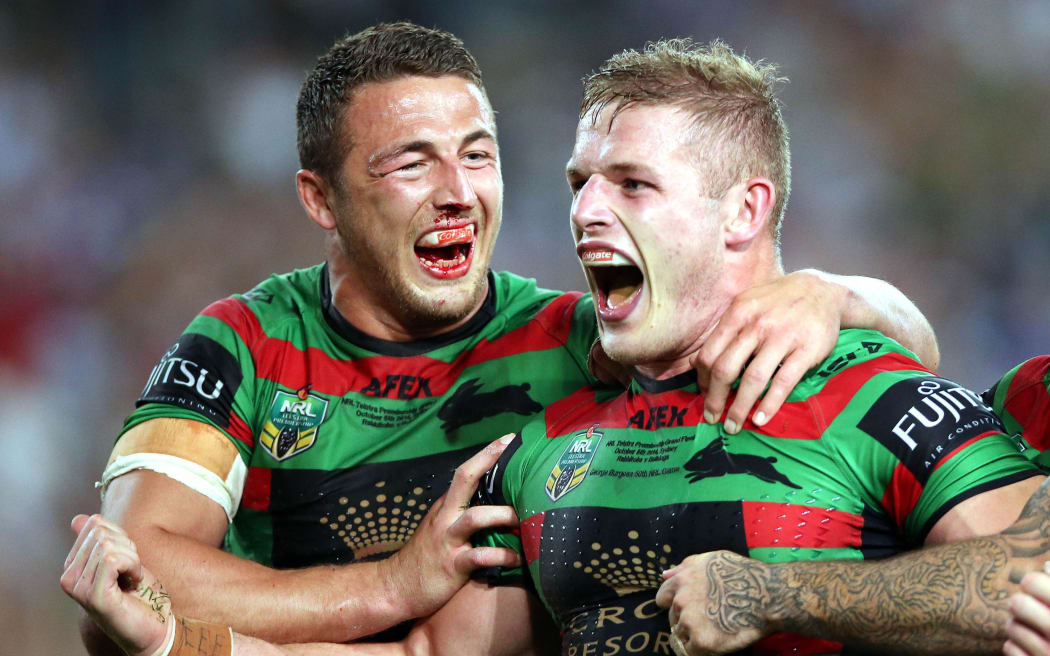 Sam Burgess (R) celebrates his try with brother George Burgess (L). NRL Grand Final. October 2014.