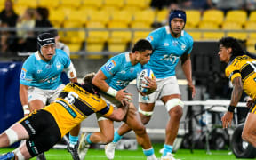 Glen Vaihu of Moana Pasifika makes a run. Super Rugby Pacific - Hurricanes v Moana Pasifika at Sky Stadium, Wellington, New Zealand on February 20, 2026. Mandatory credit: Elias Rodriguez / www.photosport.nz