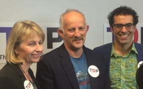 TOP Party deputy co-leader Teresa Moore with Gareth Morgan and Geoff Simmons.