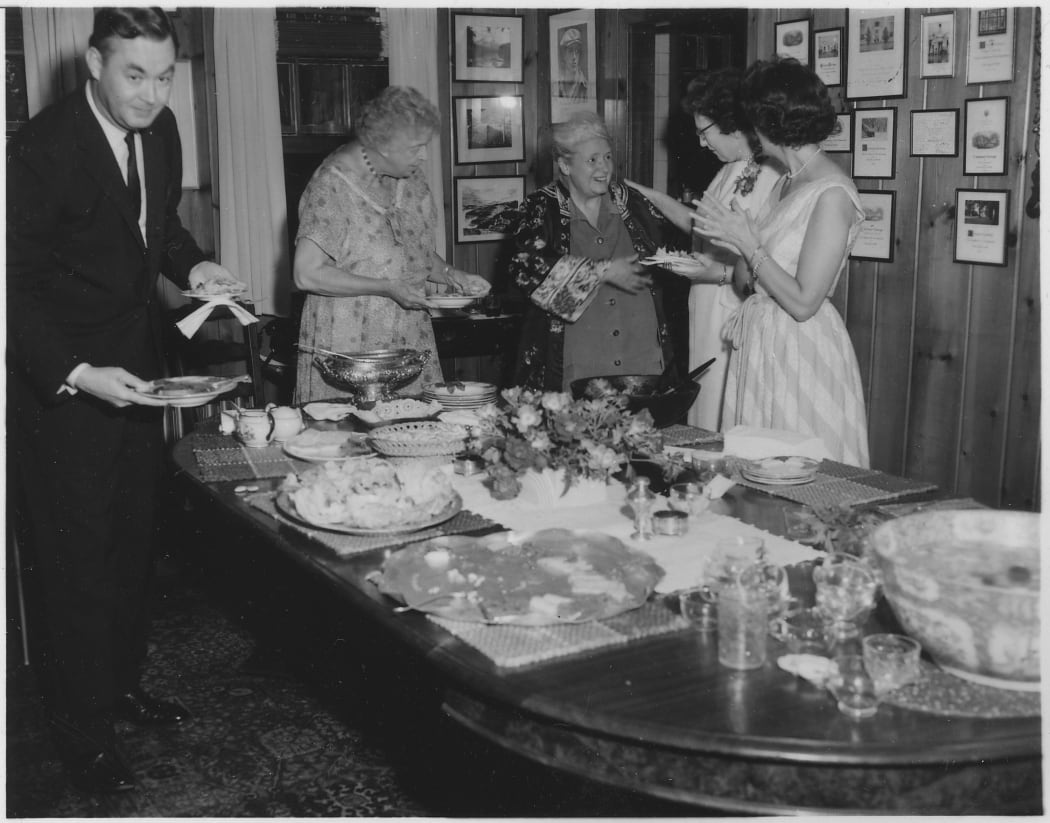 Eleanor Roosevelt in her dining room with Daniel Patrick Moynihan, Mary Margaret McBride, and Maureen Corr