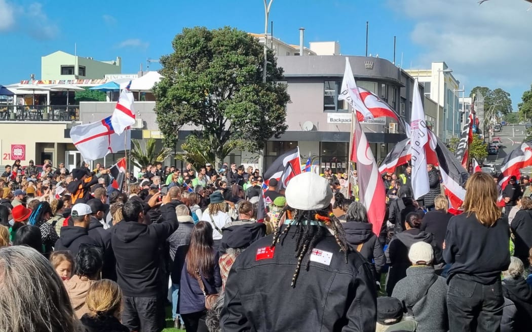 Hundreds attended the Budget Day protest in New Plymouth's Puke Ariki Landing.