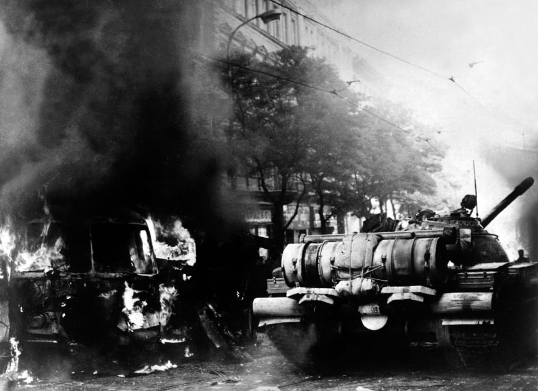 Tanks on 21 August 1968 as a Soviet-led invasion crushes the so-called Prague Spring in former Czechoslovakia.