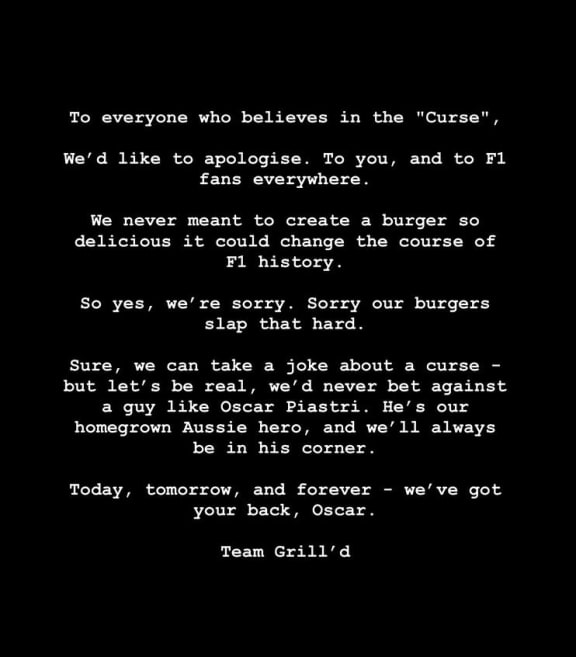 Statement from Grill'd Burger on Formula 1 driver Oscar Piastri