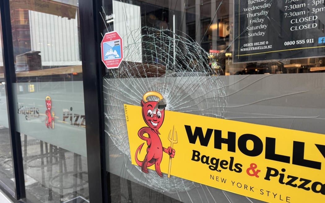 Shattered windows at Wholly Bagels on The Terrace, Wellington,  on 2 September 2024.