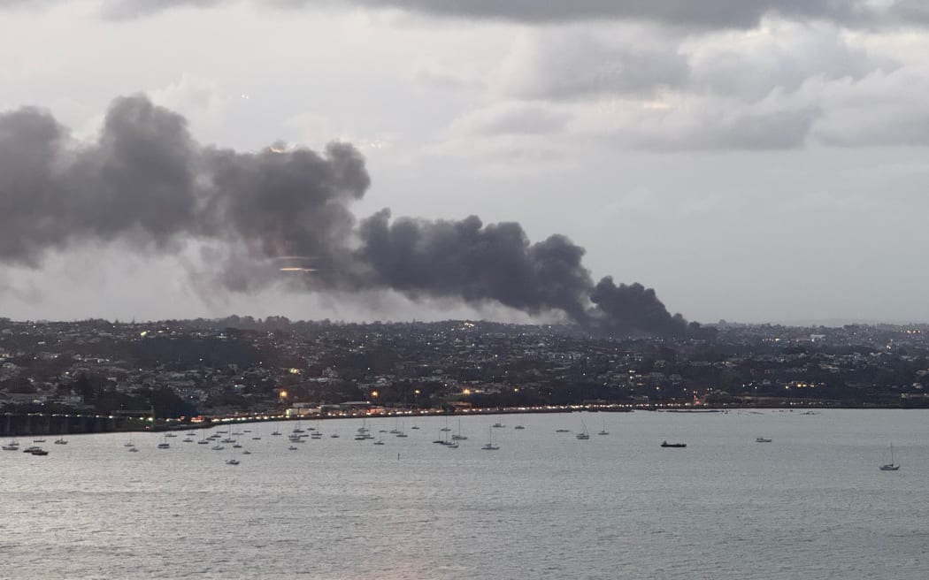 Fire on Auckland's North Shore as seen from the city on 24 April 2025.