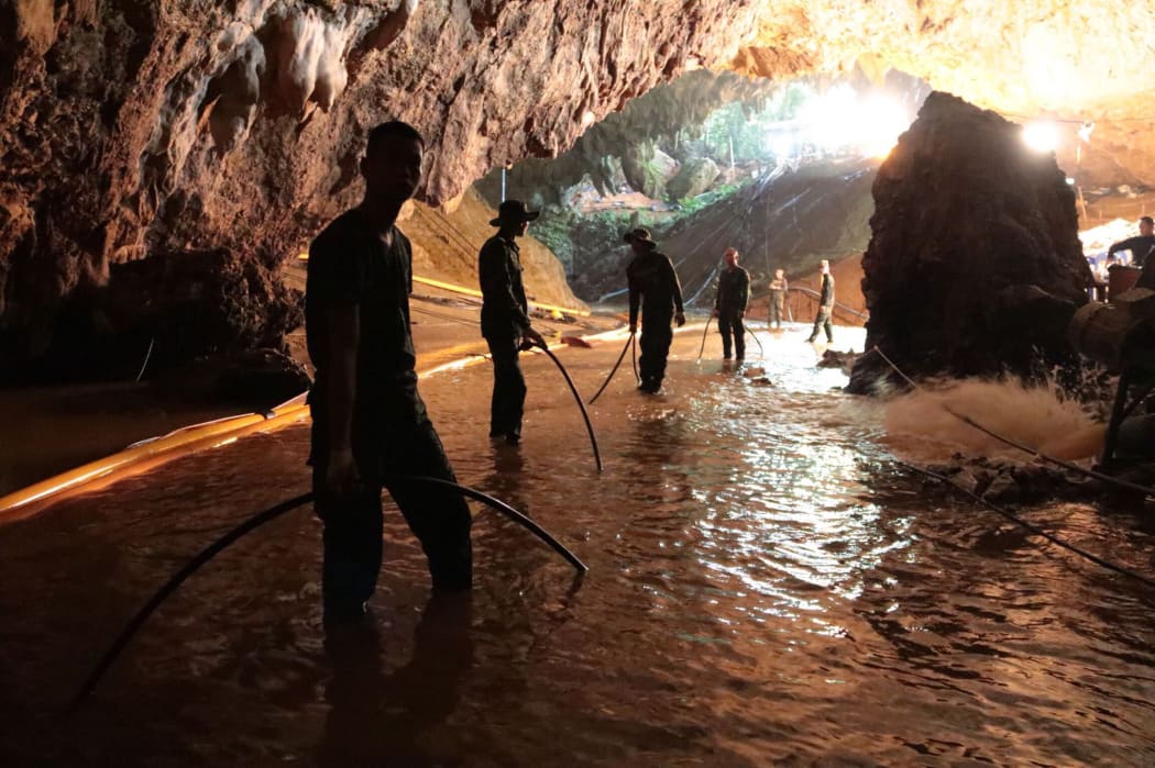 Thai Navy soldiers in the flooded Tham Luang cave during rescue operations for the 12 boys and their football team coach.