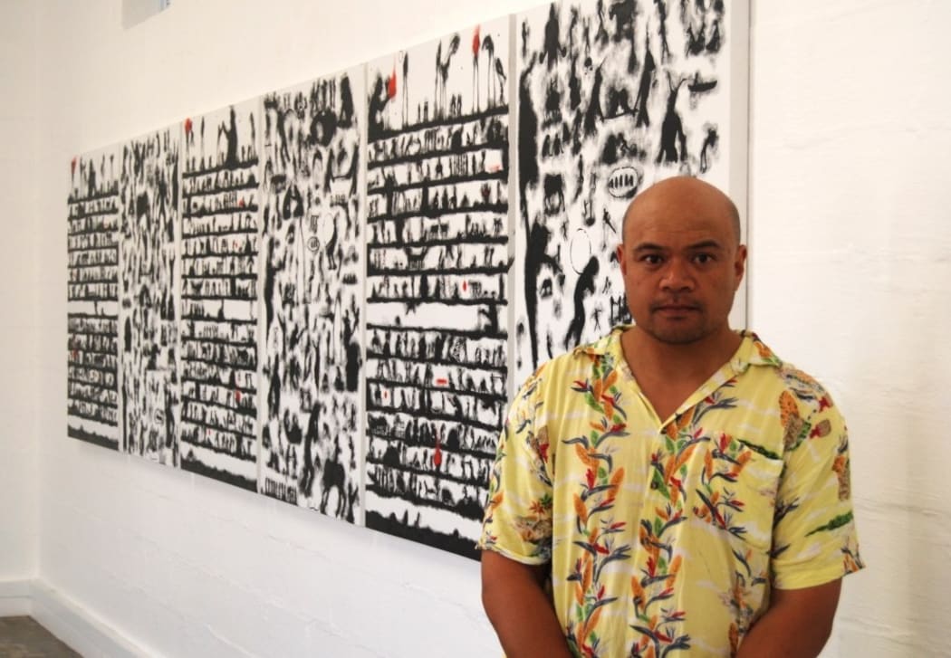 Samoan-New Zealander, Andy Leleisi'uao's artwork explores urban issues among the Pacific diaspora such as domestic violence, poverty, racism and unemployment.