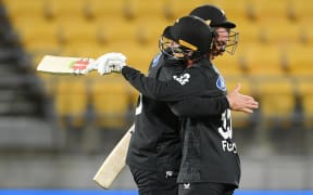 Blair Tickner and Zak Foulkes of New Zealand celebrate winning, New Zealand Blackcaps v England, 3rd ODI, Sky Stadium, Wellington. Saturday 01 November, 2025
© Mandatory credit: Kerry Marshall / www.photosport.nz