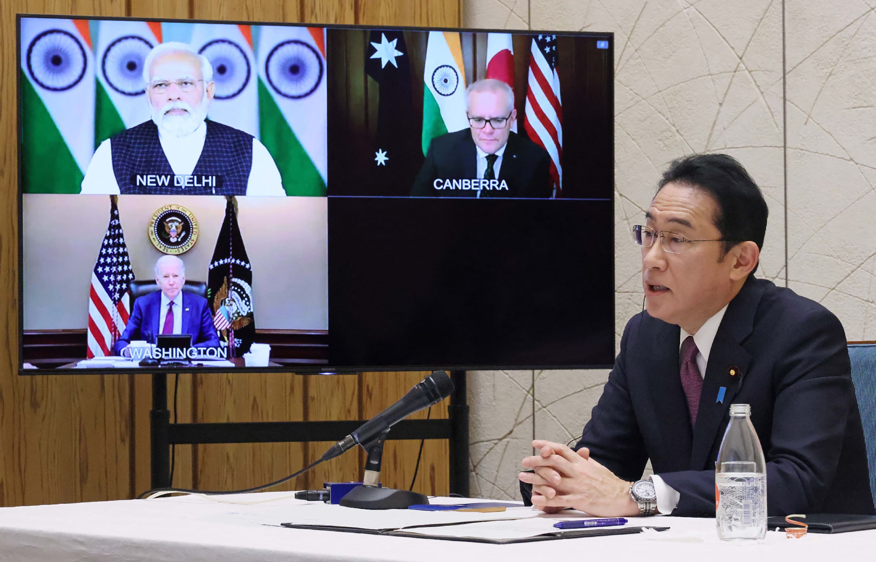 Japanese Prime Minister Fumio Kishida attending the Quadrilateral Security Dialogue (Quad) online meeting in Tokyo, with Narendra Modi, Joe Biden and  Scott Morrison on 3 March 2022.