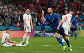 Italy's defender Leonardo Bonucci celebrates scoring the team's first goal during the UEFA EURO 2020 final football match between Italy and England at the Wembley Stadium in London on July 11, 2021.