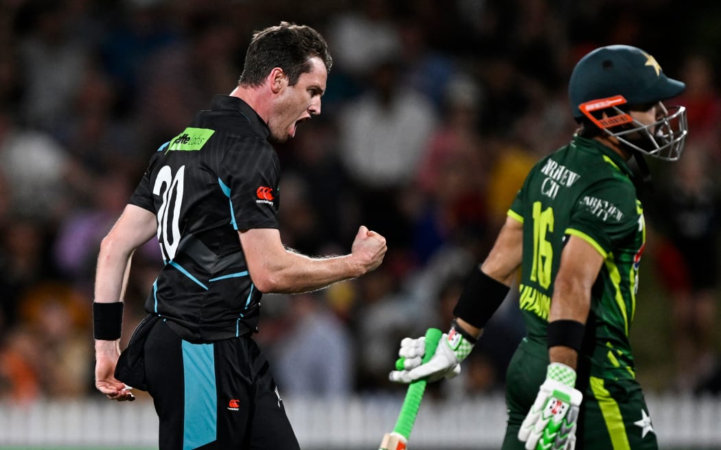 New Zealand bowler Adam Milne celebrates the wicket Mohammad Rizwan in the second Twenty20 international against Pakistan in Hamilton.