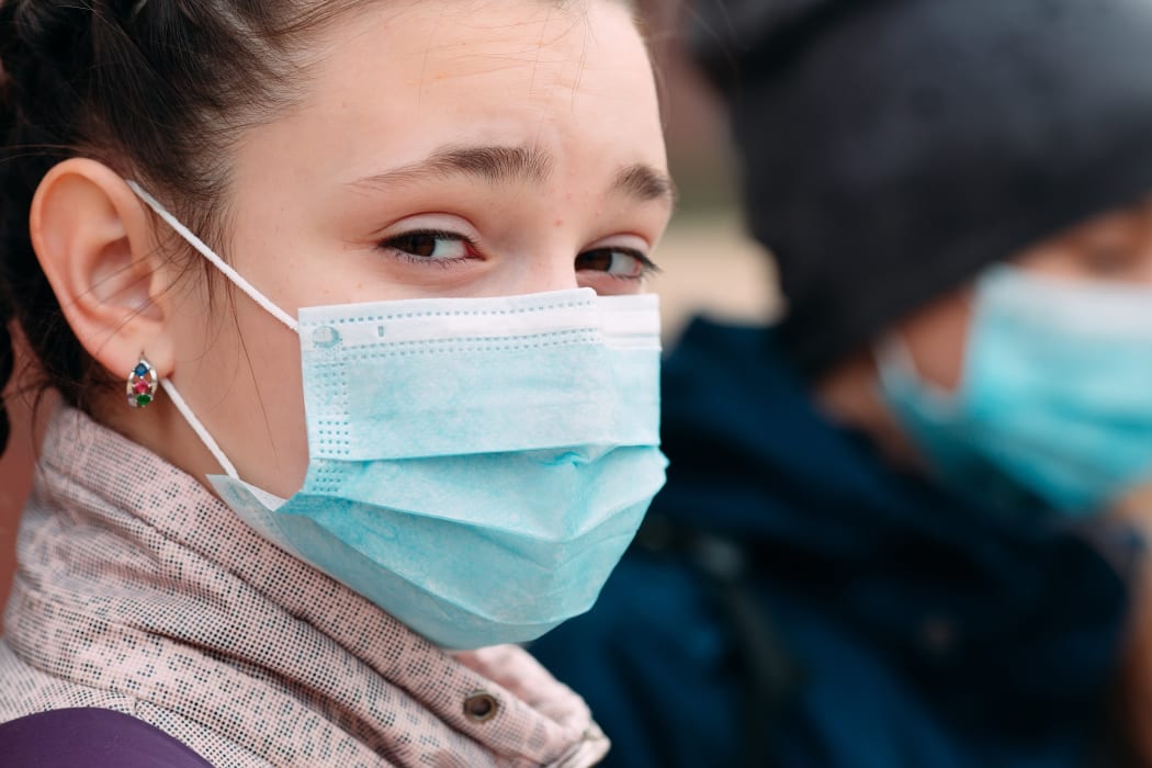 School-age children in medical masks. portrait of school children