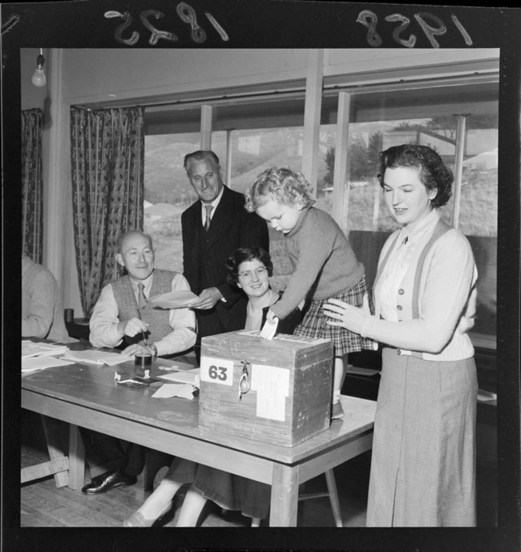 Voting at Tawa Flat. 1958 (Permission of the Alexander Turnbull Library, Wellington, New Zealand, must be obtained before any re-use of this image.)