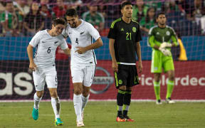 Marco Rojas celebrates his goal with team mate Themi Tzimopoulos.
International friendly match of Mexico v New Zealand All Whites at Nissan Stadium, Nashville, Tennessee