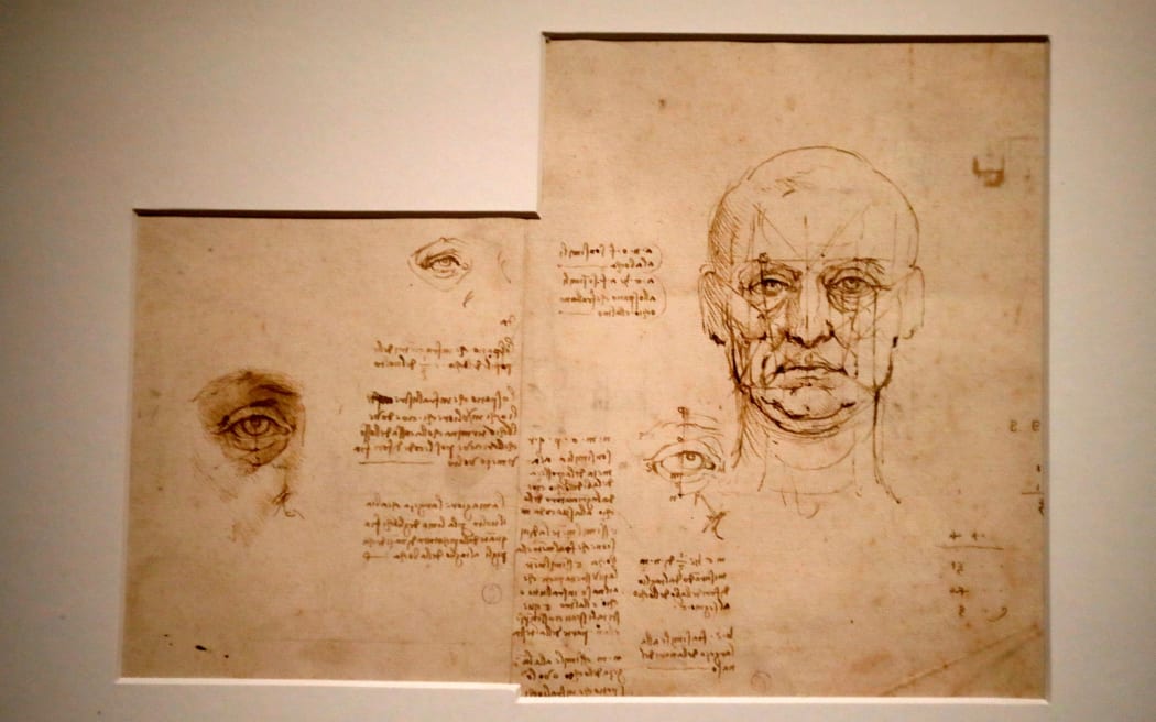 This picture taken on October 23, 2019 shows a drawing by Leonardo da Vinci's  " Proportions of the Face and Eye", during the opening of the exhibition " Leonardo da Vinci ", on October 22, 2019 at the Louvre museum in Paris. -