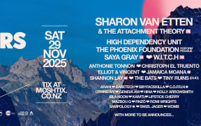 A poster showing the lineup for The Others Way festival. The names of artists are written in lines in front of a photo of a mountain range.