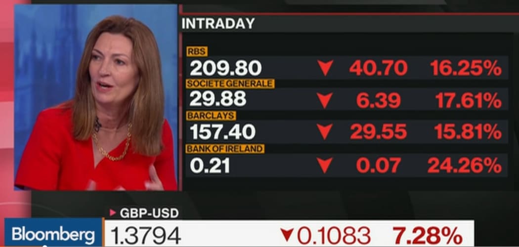 Investment boss Anne Richards on Bloomberg TV while UK Sterling slumps