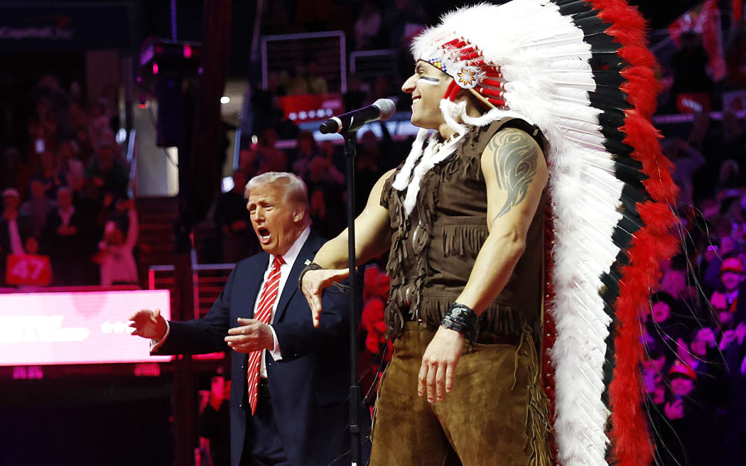 President-Elect Donald Trump dances on stage while the Village People perform "YMCA", 2025.