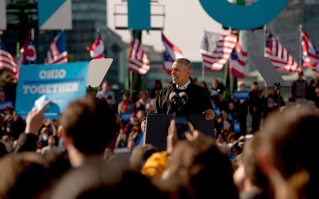 US President Barack Obama addresses the crowd at a rally for democratic presidential nominee Hillary Clinton in Cleveland, Ohio.