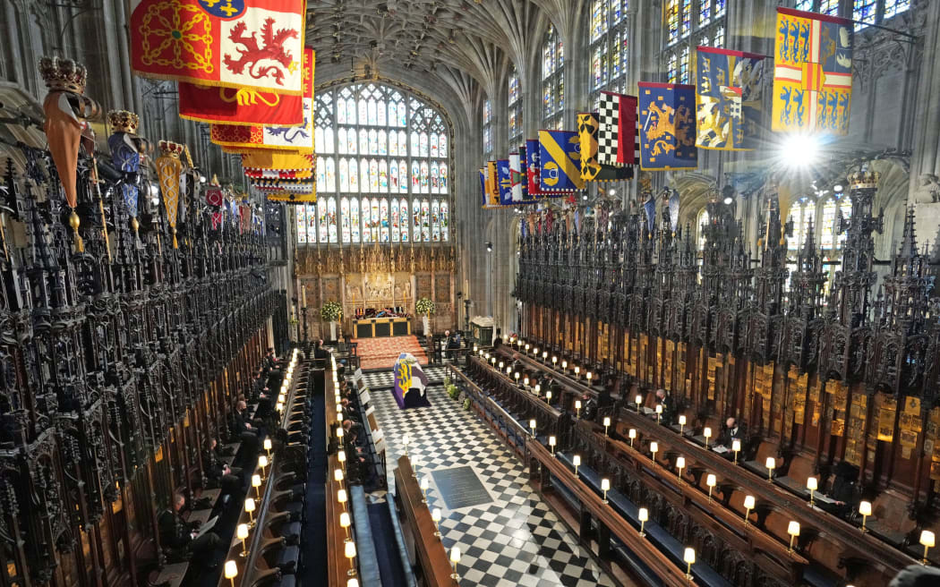 Members of the Royal family attend the funeral service of Britain's Prince Philip, Duke of Edinburgh inside St George's Chapel in Windsor Castle in Windsor, west of London, on April 17, 2021.