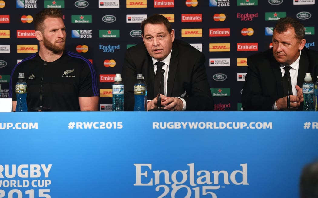 All Blacks captain Kieran Read (L), coach Steve Hansen (C), and assistant coach Ian Foster during the post match press conference after the All Blacks beat Tonga at the World Cup, St James' Park in Newcastle. 10 October 2015. Copyright Photo: Andrew Cornaga / www.Photosport.nz