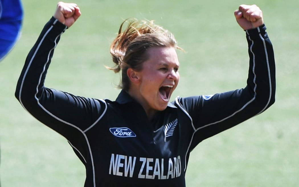 White Ferns captain Suzie Bates celebrates a wicket.