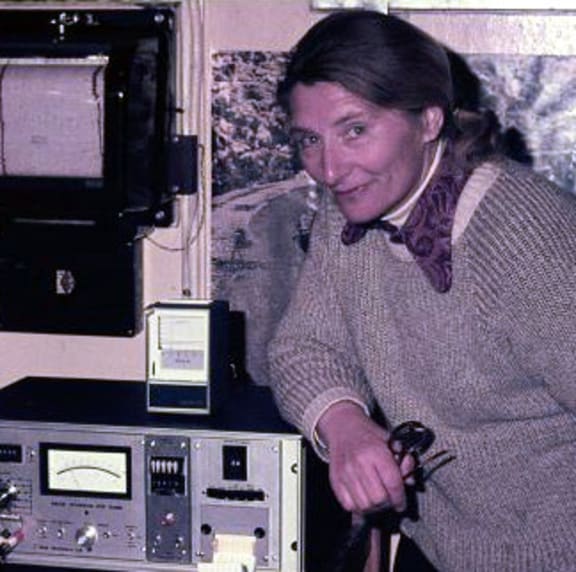 Edith Farkas with meteorological instruments at the base during her time in Antarctica.