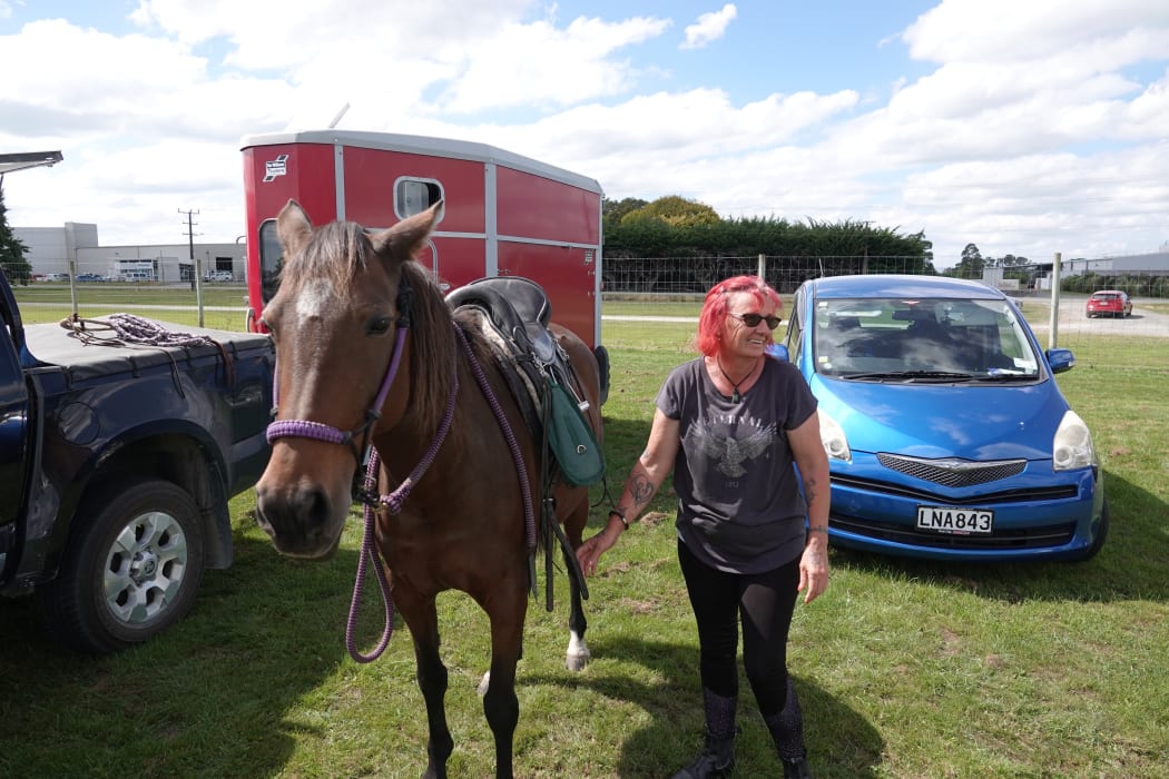 Juanita Preston and Jazzy get ready for the ride through Feilding.