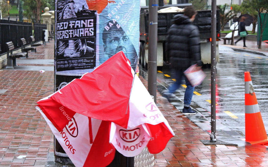 Abandoned umbrella as Wellington rain and wind hits hard.