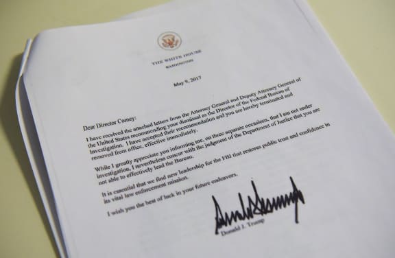A copy of the termination letter to FBI Director James Comey from US President Donald Trump.
