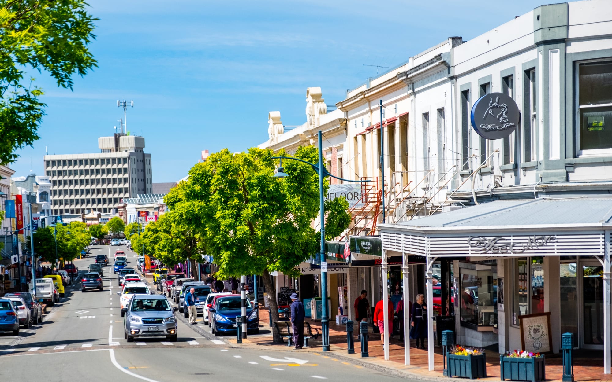 2018 Nov 2nd, New Zealand, Timaru, View of the town building and people in the morning.