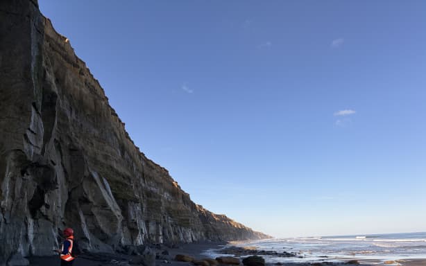 Saskia, wearing a hard hat and a high vis vest, stands at the base of a large sea side cliff, looking at some rockfall that has come from the cliff.