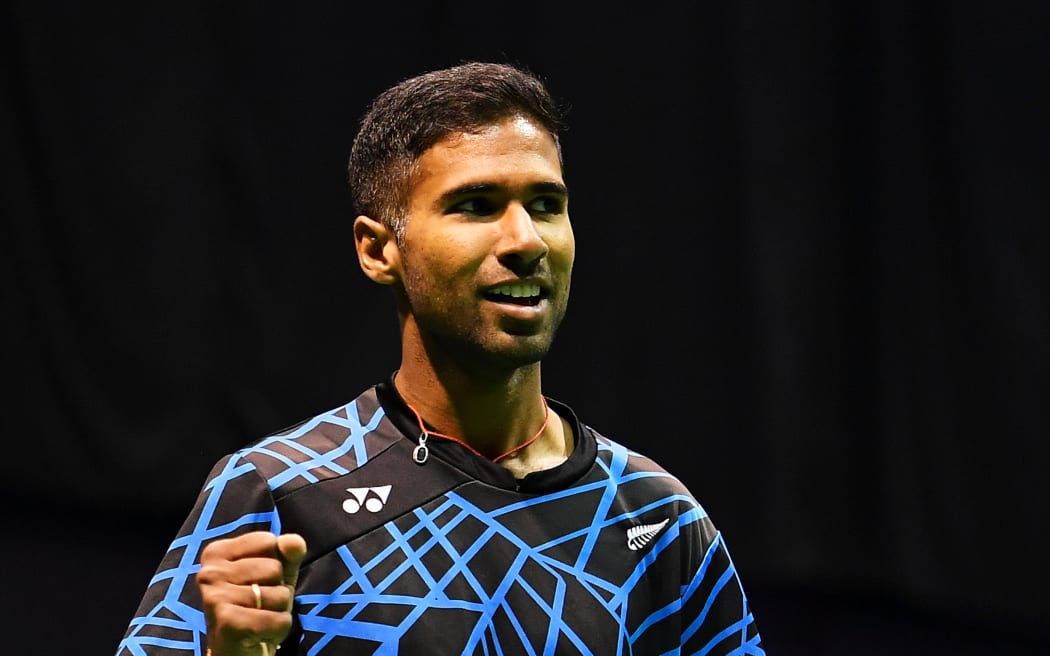 New Zealand’s Abhinav Manota celebrates.
Barfoot and Thompson Badminton New Zealand Open, Mens Doubles, Auckland, New Zealand. 1 May 2019. © Copyright Image: Marc Shannon / www.photosport.nz.