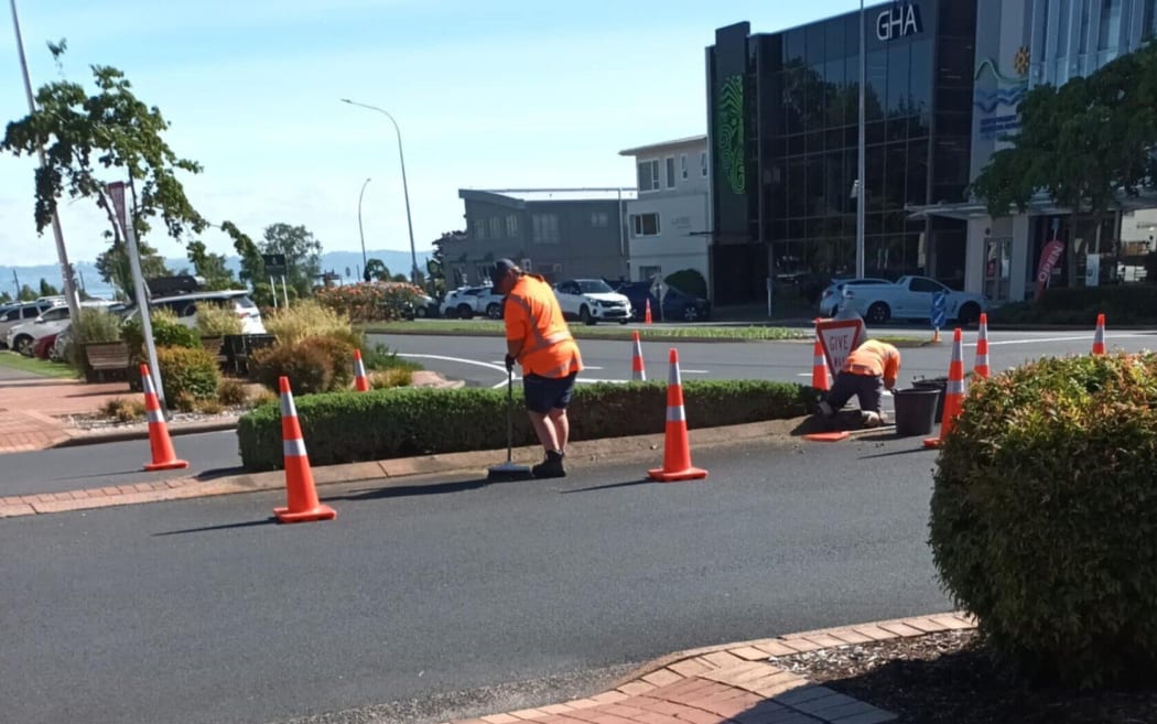 Rotorua Lakes Council staff working on garden beds in the city centre. Photo / NZME