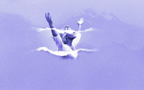 Image of a smiling woman with her hands raised in the air in a "praising" style. Her eyes are covered with a teared page rip across her face and across the image below. There are mountains in the distance behind her. The image is in a purple wash. The RNZ badge is in the bottom left corner.