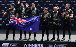 Australia's Flying Roos celebrate their 2026 New Zealand SailGP victory off Auckland's Wynyard Point.