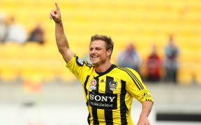 Wellington Phoenix defender Ben Sigmund celebrates Andrew Durante's goal against Gold Coast United at Westpac Stadium, Wellington, Sunday 4 March 2012. Photo: Justin Arthur / Photosport.co.nz