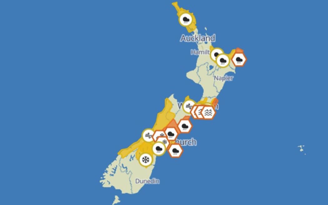 A screenshot shows weather warnings across a map of New Zealand.