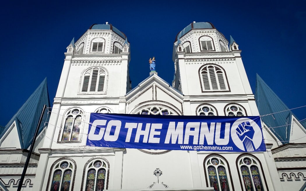 Apia's catholic cathedral gets into the spirit of the game.