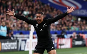New Zealand's scrum-half Aaron Smith reacts during the France 2023 Rugby World Cup Final match between New Zealand and South Africa at the Stade de France.
