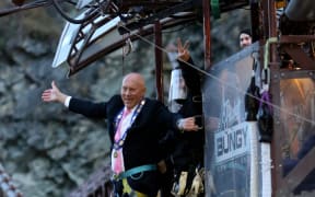 Queenstown mayor Jim Boult takes a sunrise bungy jump on Thursday.  AJ Hackett Bungy started operating again on the first day of level 2 rules that allow domestic tourism to re-start.