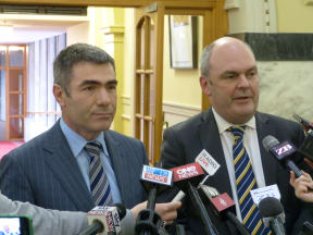 Primary Industries Minister Nathan Guy and Economic Development Minister Steven Joyce address the media.