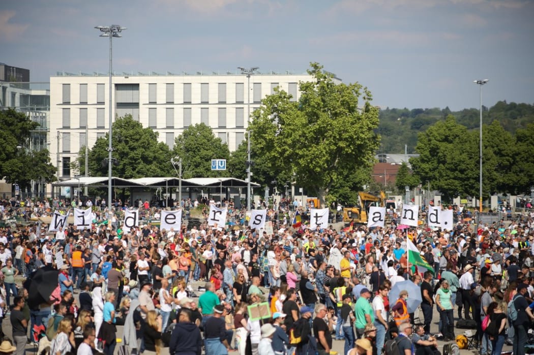 Thousands of participants take part in the protest against Coronavirus restrictions in Stuttgart, Germany on May 16, 2020 (Photo by Agron Beqiri/NurPhoto)