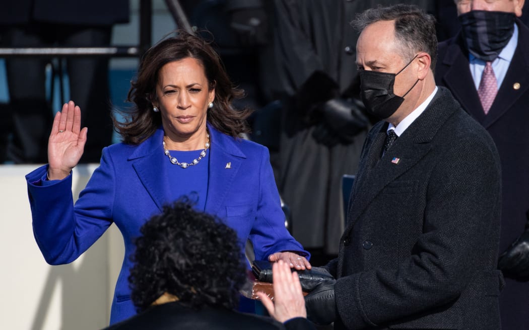 US Vice President-elect Kamala Harris  is sworn in as the 49th US Vice President by Supreme Court Justice Sonia Sotomayor on January 20, 2021, at the US Capitol in Washington, DC. During today's inauguration ceremony Joe Biden became the 46th president of the United States. (Photo by SAUL LOEB / POOL / AFP)