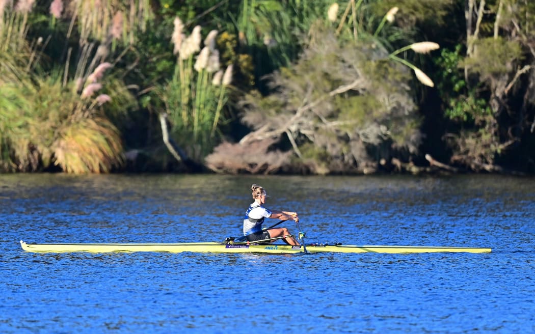 Emma Twigg training on Lake Karapiro, Cambridge, New Zealand.